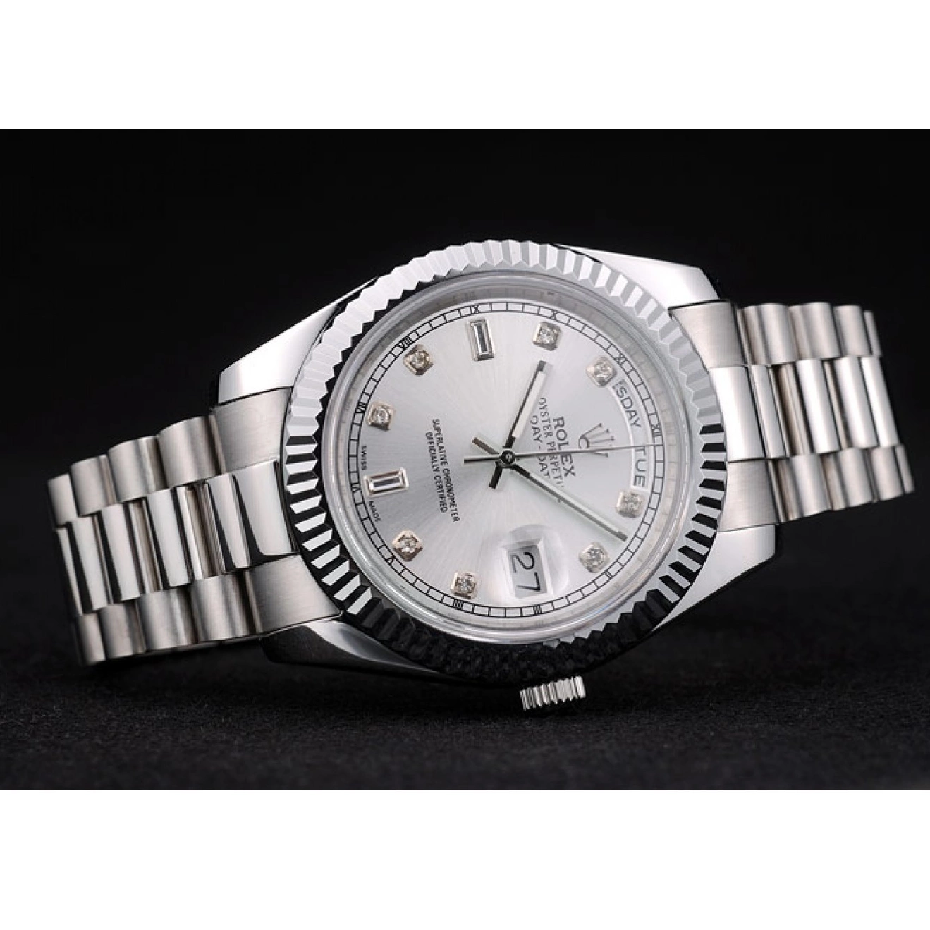 Aaa replica watch Bezel Ribbed DayDate Steel Dial Silver 41976 Rolex Stainless 0806